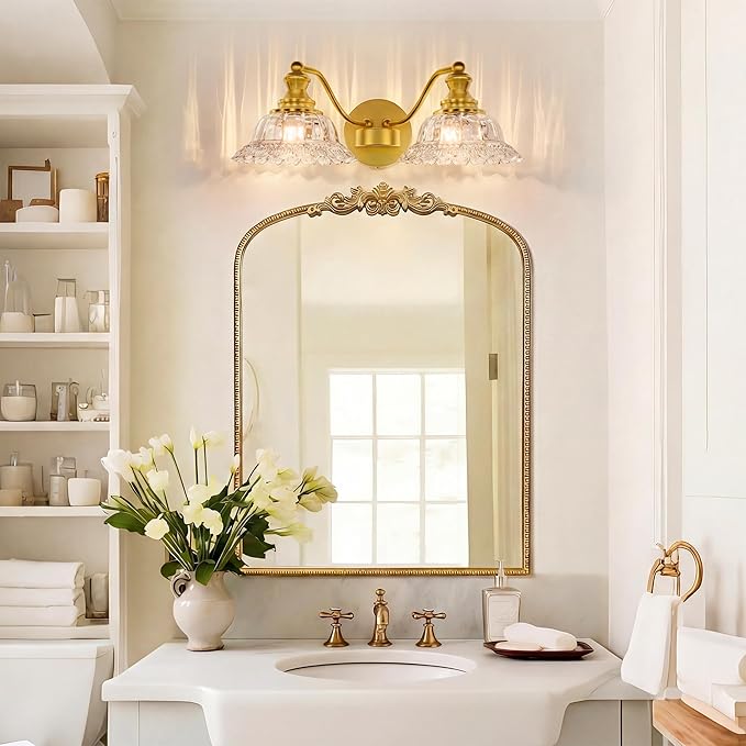 Espird 2 Lights Bathroom Vanity Light Fixtures, Vintage Brass Vanity Lights for Bathroom, Farmhouse Antique Light Fixtures Over Mirror with Crystal Glass Shade