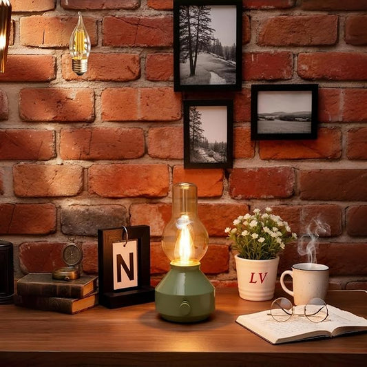 Vintage Rechargeable Cordless Table Lamp,Dimmable Rotary Control, Small Battery-Powered,Hand-Blown Glass, Bulbs Included,Retro Farmhouse Lamp for Bedroom, Living Room, Kitchen,Green,1 Pack