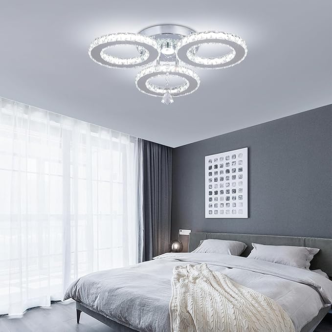 Dimmable LED Crystal Ceiling Light 13x3.5 Inches 3 Rings Crystal Chandelier Flush Mount Lighting Fixture for Bedroom Hobby Living Room