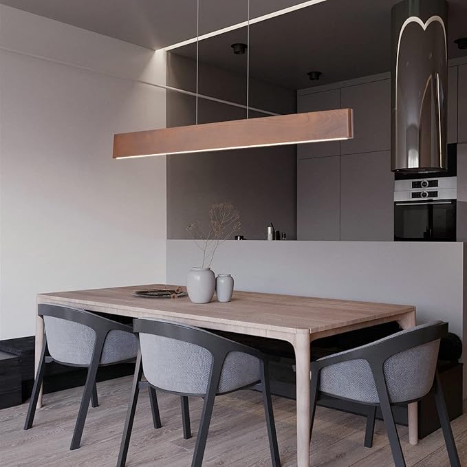 YISDESIGN 39.4" Wood Linear Pendant Light 24w Led Dimmable Dining Room Light Wood Kitchen Island Pendant Hanging Light for Kitchen Island Office Lights Walnut Color