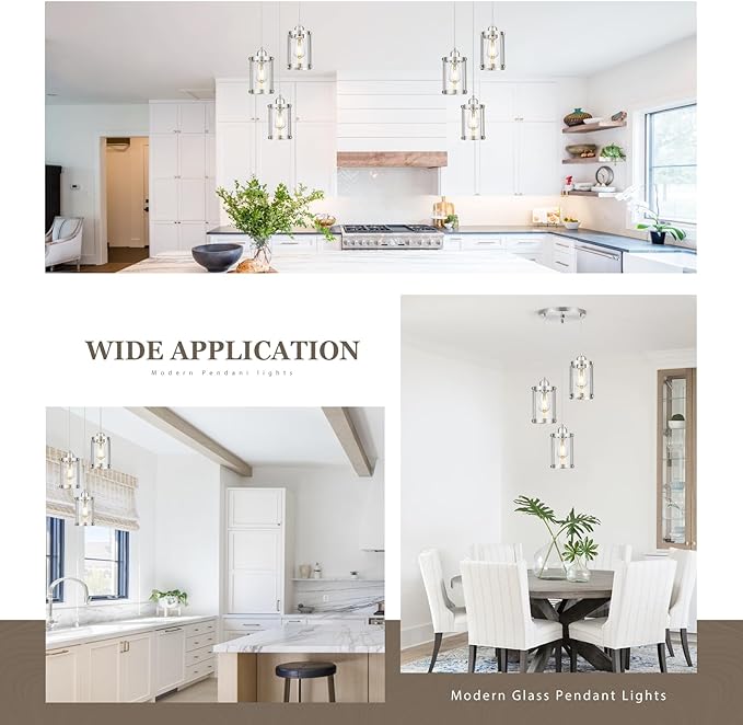 3-Light Pendant Lighting, Brushed Nickel Dining Room Chandelier Light Fixture Over Table with Clear Glass, Modern Cluster Hanging Lights for Kitchen Island Sink, OS-3014-3BN