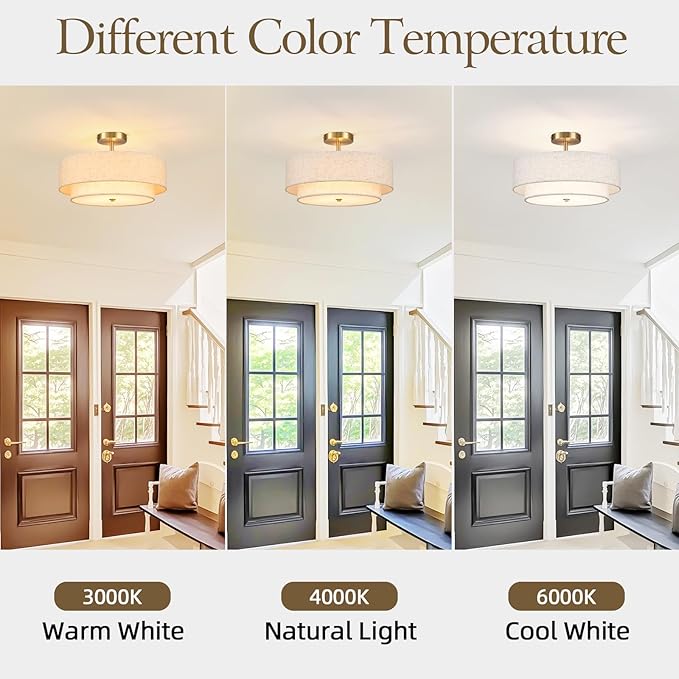16.5 inch Semi Flush Mount Ceiling Light with Natural Linen Shade, 3-Light UL Listed Fixture with E26 Socket (No Bulb Included) for Bedroom, Kitchen, Living Room