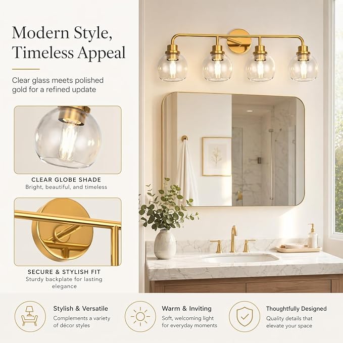 DORESshop Built to Last 20 Years Bathroom Light Fixtures, 4-Light Vanity Lights Over Mirror, Gold Wall Lamp with Clear Glass for Living Room Decor Bedroom Porch Cabinet