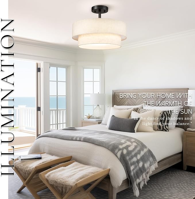 Hamilyeah Semi Flush Mount Ceiling Light Fixture 15 inch, 24W LED Ceiling Light with Double Layer Fabric Shade, Dimmable Drum Light Fixtures Ceiling Semi Flush Mount 5CCT for Kitchen, Living Room