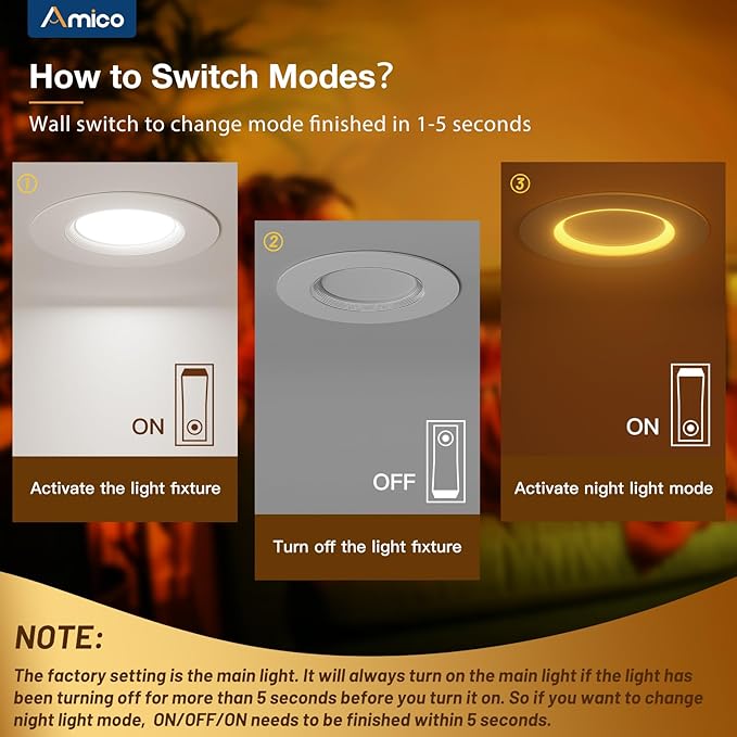 Amico 12 Pack 6 inch 5CCT LED Recessed Lighting with Night Light, 12.5W=100W, 1000LM Can Lights with Baffle Trim, Dimmable, Retrofit Downlight, 2700K/3000K/3500K/4000K/5000K Selectable - ETL & FCC