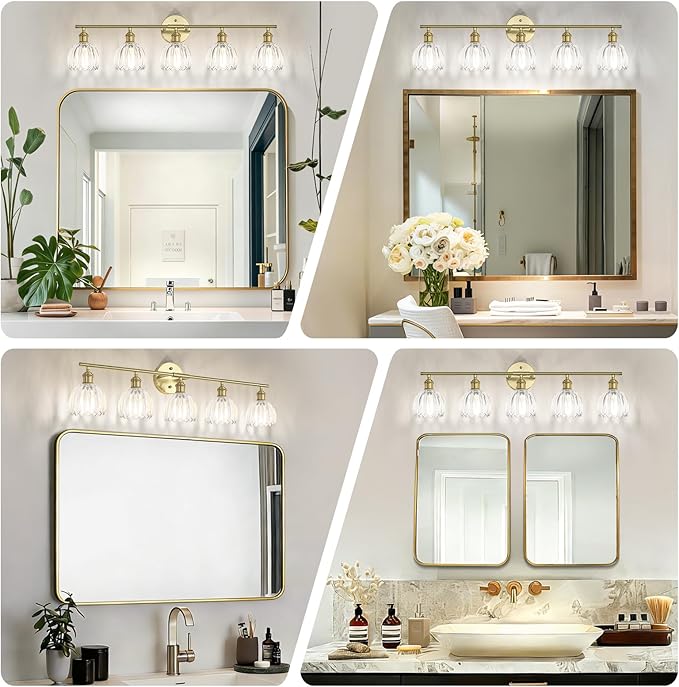Vintage Bathroom Light Fixtures,5-Light Hardwired Vanity Lights with Clear Tulip Glass Shade,Gold Bathroom Vanity Light for Mirror Restroom,E26 Socket,33.46 in(Bulbs Not Included)
