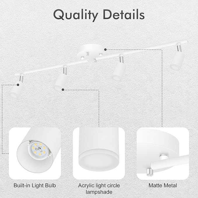 AUQUEE 4 Light Track Lighting Fixtures Ceiling, 16W/2700K White Track Lighting with Acrylic Lampshade & Rotatable Light Heads, 20000hrs Lifespan, Modern LED Track Lights Ceiling for Kitchen/Hallyway