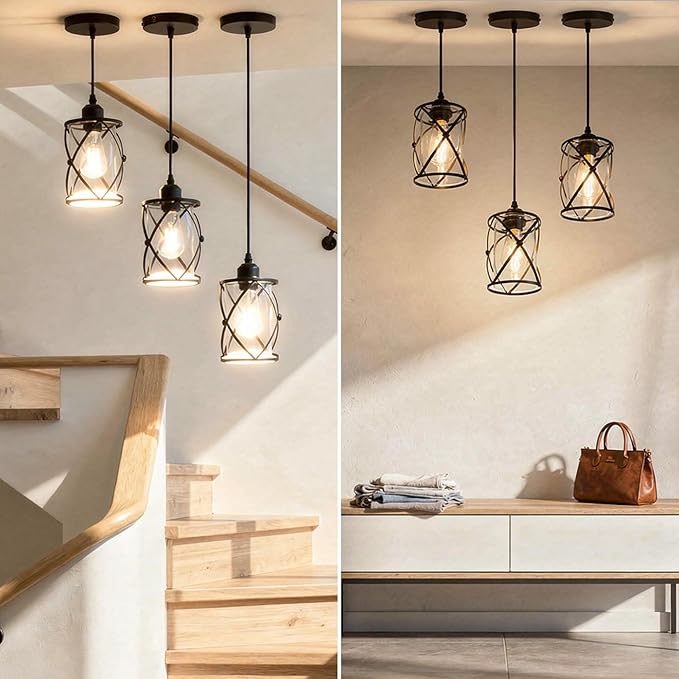 3 Light Pendant Lighting, Farmhouse Hanging Light Fixture for Kitchen Island & Dining Room, Industrial Vintage Ceiling Lamp with E26 Base, Adjustable Height, Matte Black with Glass Shades