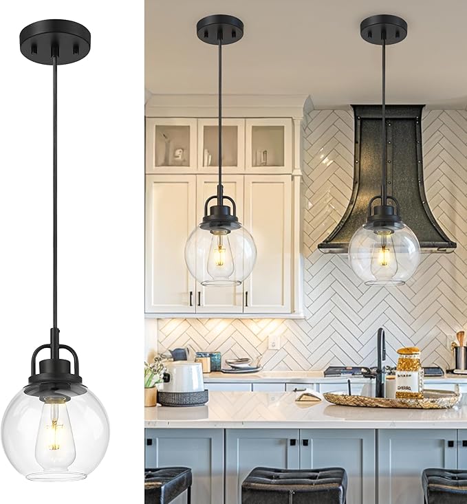 Pendant Lights Kitchen Island, 7" Matte Black Pendant Light Fixtures Over Island with Globe Clear Glass Shade, Farmhouse Hanging Lights for Dining Room Entryway, PL125-MB-1PK
