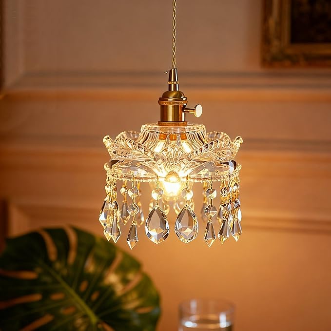 Modern Crystal Pendant Light, Mini Chandelier with Brass Base, Adjustable height,with switch Clear Glass Droplets for Bedroom, Bathroom, Hallway, Kitchen Island, Entryway (2-pack,Hard-wired)