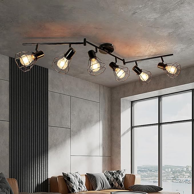 LTBLIGHT 6-Light Track Lighting Fixtures Ceiling, Adjustable Track Light Fixture, Black Metal Wire Cage Farmhouse Spotlight for Kitchen, Bedroom, Hallway, E26 Base(Bulbs Not Included)