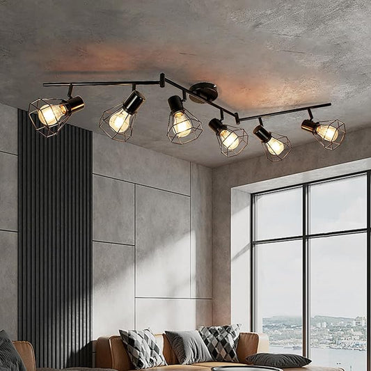 LTBLIGHT 6-Light Track Lighting Fixtures Ceiling, Adjustable Track Light Fixture, Black Metal Wire Cage Farmhouse Spotlight for Kitchen, Bedroom, Hallway, E26 Base(Bulbs Not Included)