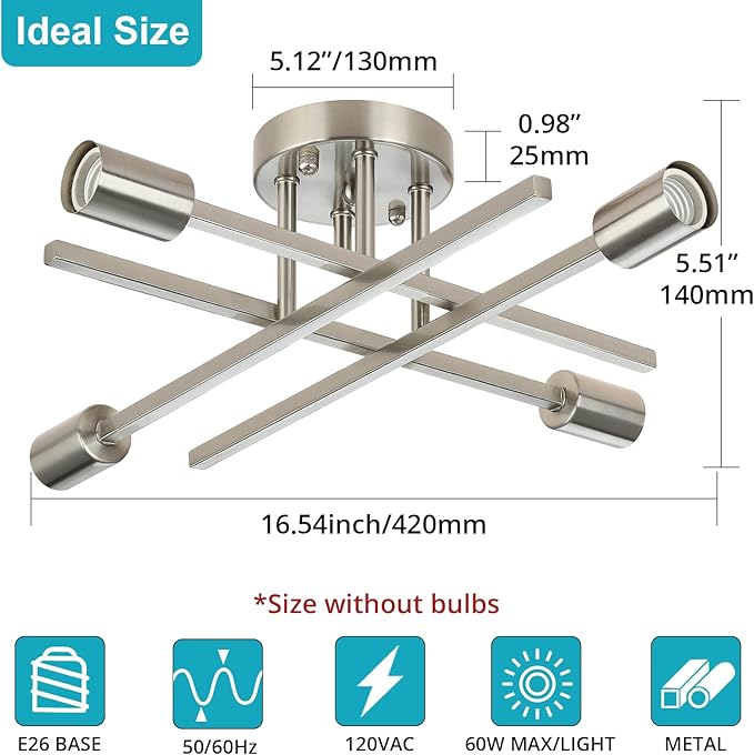 SunRider Industrial 4-Light Semi Flush Mount Ceiling Light Fixture, Brushed Nickel Indoor Farmhouse Lamp, Rustic Sputnik Chandelier for Kitchen, Large