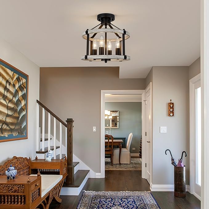 12.5" Farmhouse Semi Flush Mount Ceiling Light,4 Light Rustic Semi Flush Ceiling Light,Black+Oak Finish Industrial Semi Flush Light Fixture for Hallway Entryway Bedroom Balcony Laundry Room