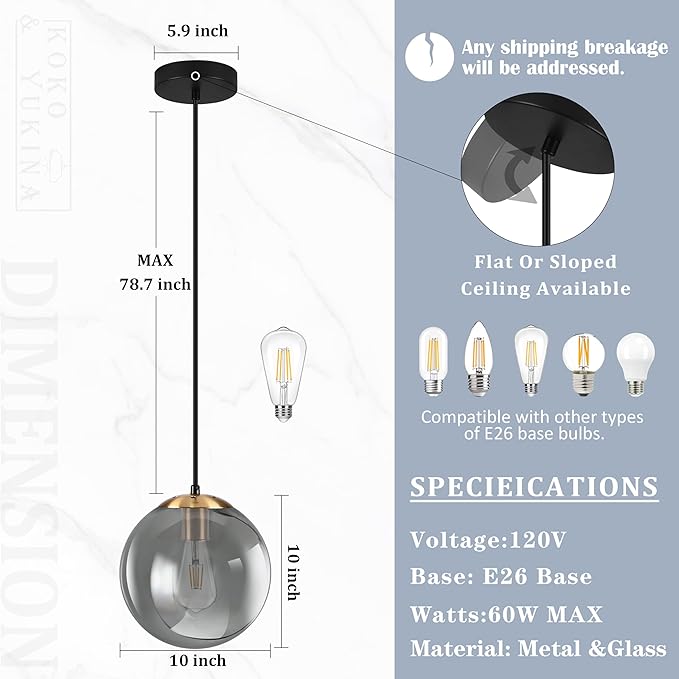 KoKo&Yukina 10 Inch Pendant Light Glod Globe Pendant Lights Kitchen Island Mid Century Light Fixture Adjustable Globe Pendants Lights with Grey Glass Shade for Dining Room Living Room