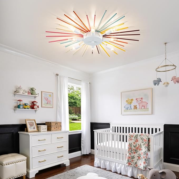 Kids Ceiling Light,8-Lights Colorful Sputnik Ceiling Fixtures, Rainbow Kid Chandelier for Bedroom Playroom Kitchen Entryway,E12