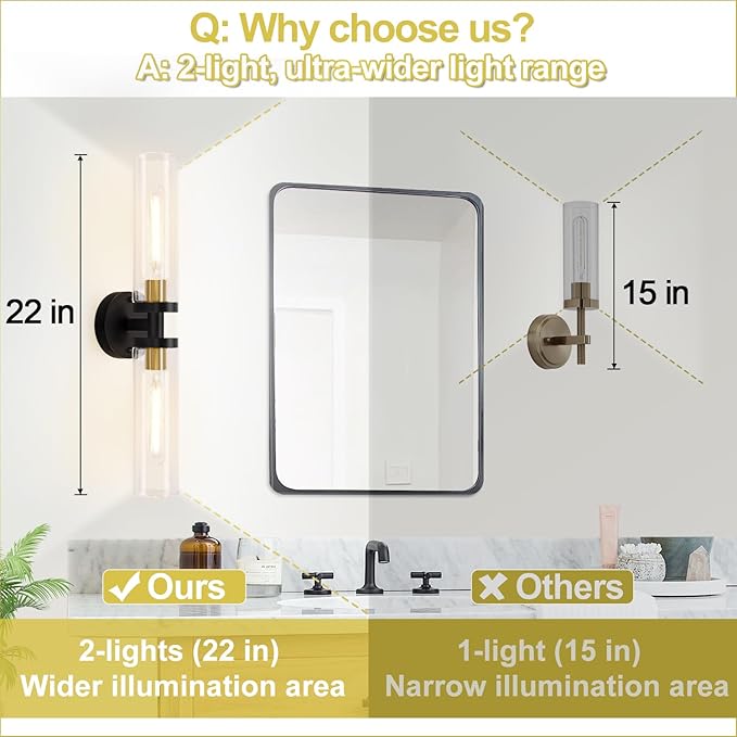 Indoi Wall Sconces Set of Two, 22" Black and Gold Bathroom Sconces with Clear Glass, Hardwired Modern Sconces Wall Decor Set of 2 Wall Light fixtures for Bathroom Mirror Living Room Hallway Bedroom