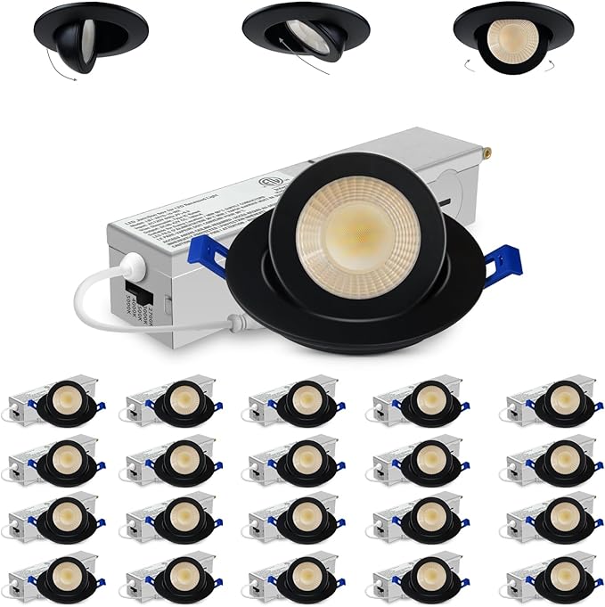 Adetu 2 Inch 5CCT Gimbal Black Led Recessed Lighting with Junction Box, 360°+90° Adjustable Recessed Lights, 2700K/3000K/3500K/4000K/5000K Selectable, 5W Eqv 50W, 550LM Brightness - ETL(Black,24 Pack)