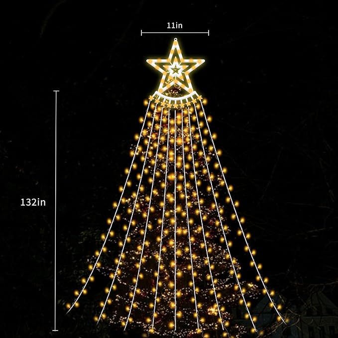 350 LED Christmas Decorations Star String Lights Waterproof Waterfall StarLights 8 Light Modes Remote & Timer,Waterproof Seasonal Lighting Decor for Home Xmas Tree Yard Wedding Party (Warm White)