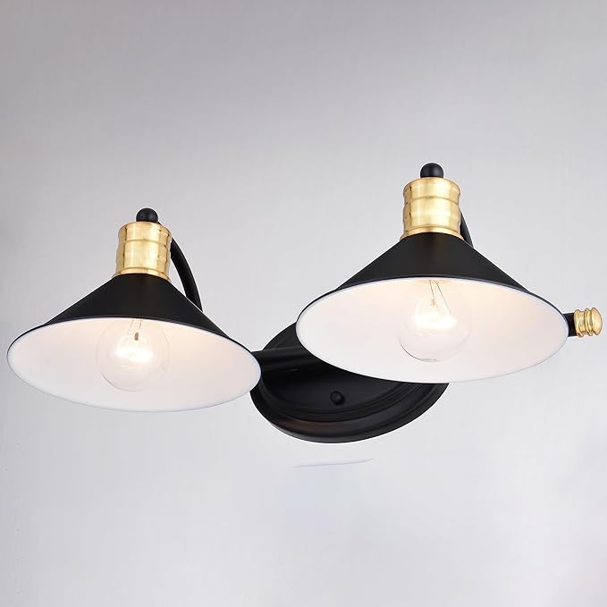 VAXCEL Akron 2-Light 18 inch Wide Matte Black and Natural Brass Industrial Bathroom Vanity Lighting Fixture, Metal Shade, Dimmable, LED Compatible, Over The Mirror Mounted Steel Wall Sconce