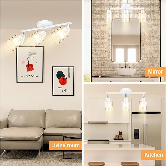 BoostArea 3-Light Bathroom Light Fixtures, White Modern Vanity Wall Lights with Clear Glass Shade,Flexibly Ceiling Light for Mirror Kitchen Living Room Hallway Cabinet Porch