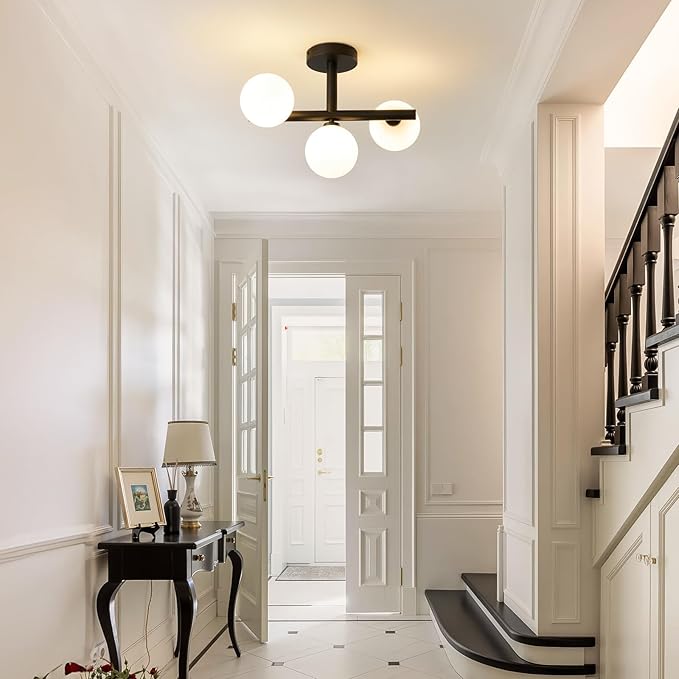 Globe Milk Glass Ceiling Light: Black 3 Lights Sputnik Chandelier - Linear Mid Century Modern Semi Flush Mount Ceiling Light - 13 Inch Brass Lighting Fixture with Sphere Shade for Bedroom Living Room