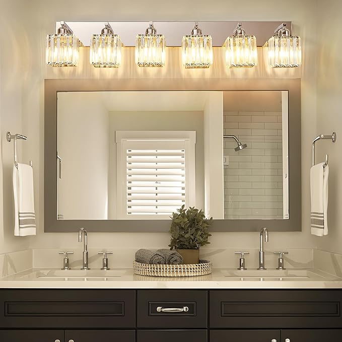 Modern Bathroom Vanity Light 6-Lights Modern Chrome Crystal Bathroom Wall Light Large Vanity Light Fixtures Over Mirror