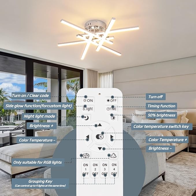 CANEOE Modern Led Ceiling Light,50W Sputnik LED Dimmable Ceiling Light Fixture with Remote Control, Chrome Flush Mount Chandelier Ceiling Lighting for Bedroom Living Room Kitchen Office Ceiling Lamp