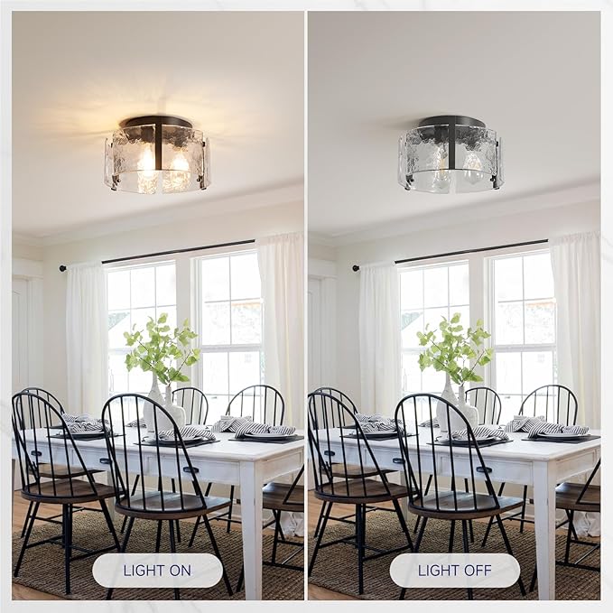Black Semi Flush Mount Ceiling Light,3 Bulb Drum Glass Ceiling Light Fixture Mid Century Modern Bedroom Lighting Vintage Lighting for Kitchen Living,Dining Room Hallway Foyer Entryway Bathroom Laundry