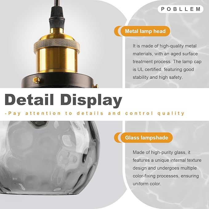 13.8" Large Grey Glass Pendant Lights Kitchen Island Hammered Glass Globe Pendant Lamp Mid Century Modern 1-Light Pendant Lighting Fixtures for Dining Room Living Room Bedroom
