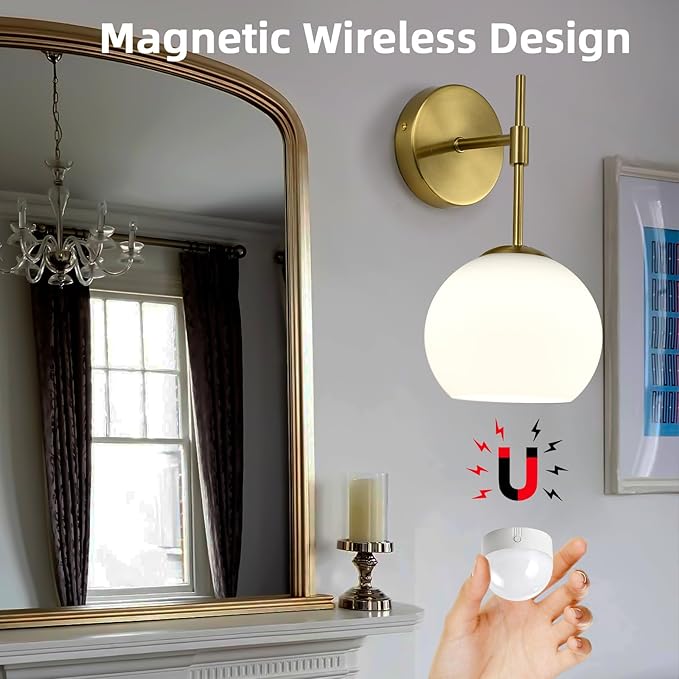 Battery Operated Wall Sconces Set of 2, Rechargeable Wall Lights with Frosted Glass Shade, 12 RGB and 3CCT Dimmable, Wall Lamps with Remote for Bedroom Living Room Hallway, Gold