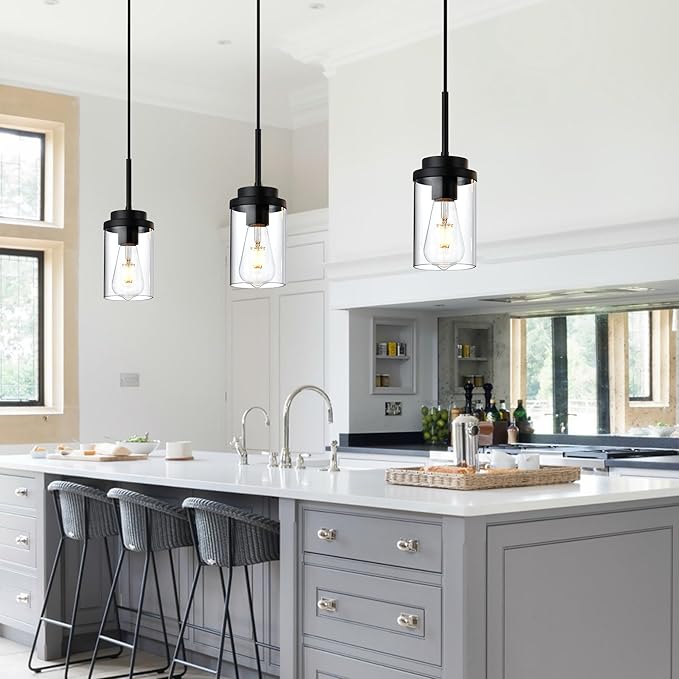 MELUCEE 3 Pack Hanging Pendant Lighting Fixtures Black, Adjustable Hanging Ceiling Lamp with Clear Glass Shade, Modern Pendant Light for Kitchen Island Dining Room Bedroom Hallway