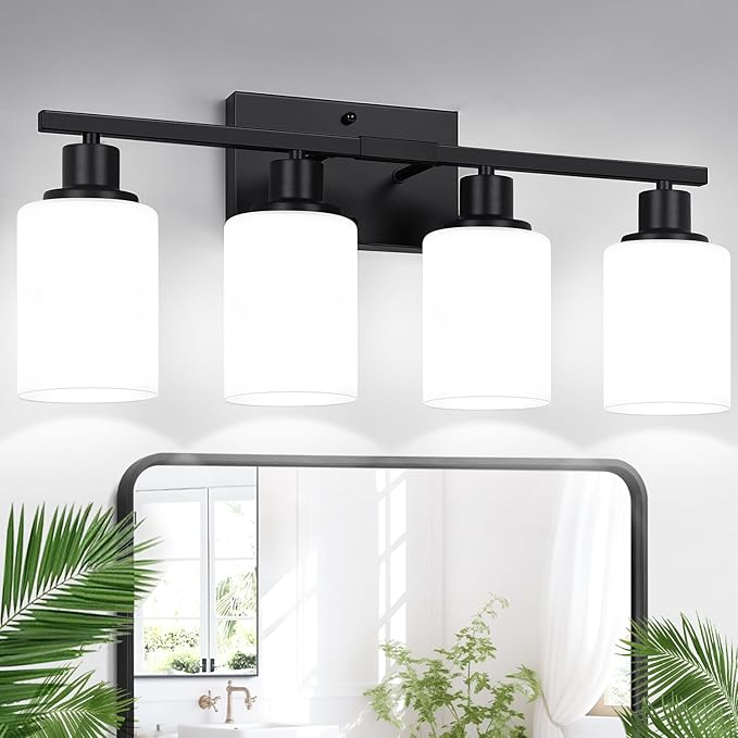 Indoi 4-Light Bathroom Light Fixtures, Matte Black Vanity Lights with Milk Glass Shades, Modern Bathroom Wall Lamp for Mirror Living Room Bedroom Porch