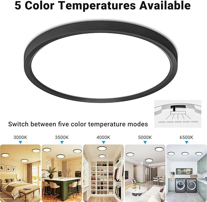 8 Pack LED Flush Mount Ceiling Light,7Inch 15W,3000K/3500K/4000K/5000K/6500K 5 Color Temperatures Ceiling Light Fixture for Kitchen Porch Hallway Bedroom Bathroom and Closet,Black
