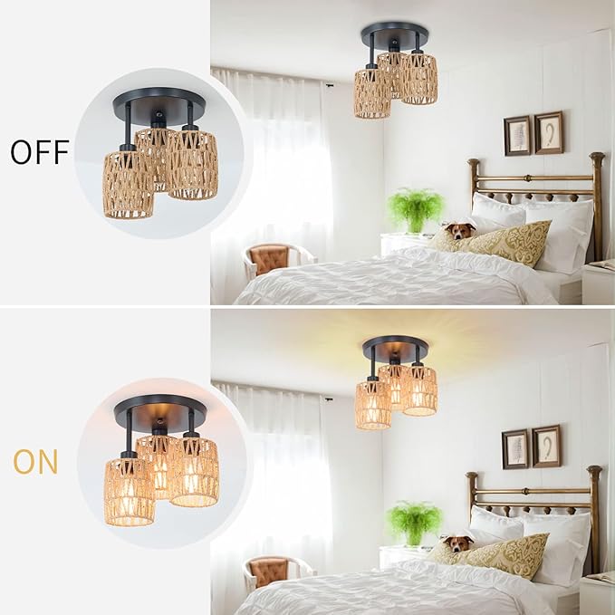 3-Lights Woven Rattan Ceiling Light Fixture,Farmhouse Hand-Woven Cage Semi Flush Mount Light, Boho Coastal Natural Basket Close to Ceiling Light for Bedroom Hallway Corridor Nursery