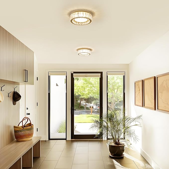 Dimmable Modern Luxury Crystal LED Flush Mount Ceiling Light,11 Inch 24W/5CCT 3000K-6000K Gold Close to Ceiling Light Fixture r for Kitchen,Entryway,Laundry Room,Porch
