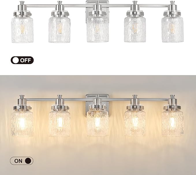 5 Lights Bathroom Light Fixtures Farmhouse Brushed Nickel Vanity Lights for Bathroom Lighting Fixtures Over Mirror with Hammered Glass Lampshade for Cabinet Mirror Bedroom Hallway