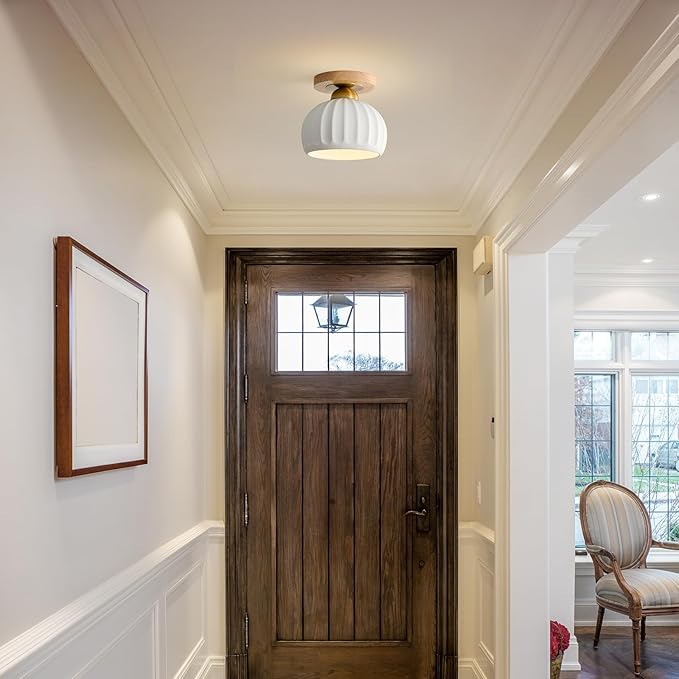 Ceramic Semi Flush Mount Ceiling Light - 2 Pack, Vintage Wood Gold Hallway Light Fixtures, White Globe Ceiling Lights,Mid Century Small Chandelier Light Fixture for Cottage Entryway Laundry Room Foyer