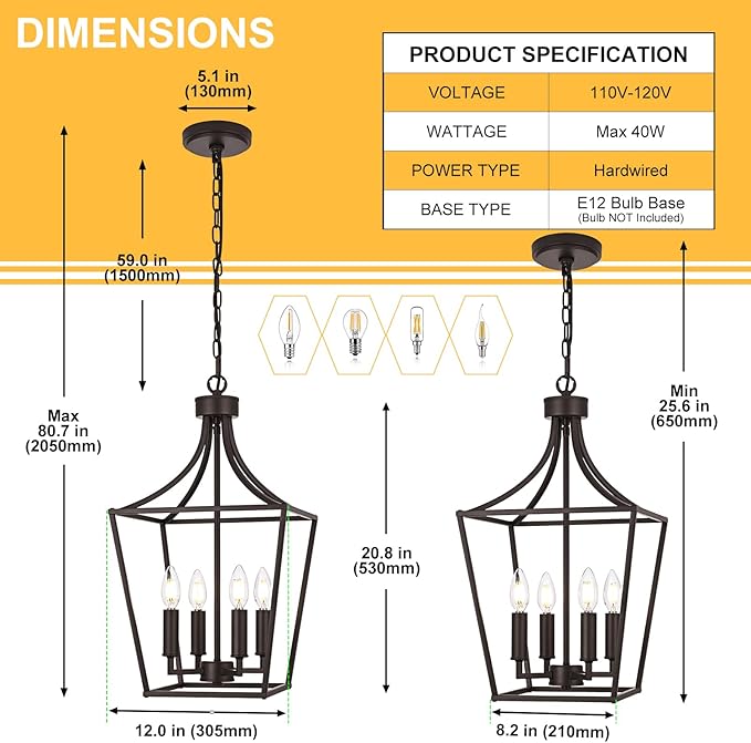 4-Light Farmhouse Lantern Chandelier, Height Adjustable Pendant Light Fixture Hanging Kitchen Lighting for Foyer Dining Room Over Table, E12 Bulb Base & Oil Rubbed Bronze