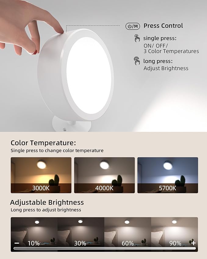 EZVALO LED Wall Mounted Light, 3000mAh Rechargeable Cordless Wall Sconce, Dimmable with Remote & Touch Control, 3 Color Temps, 360° Rotatable for Bedroom, Bedside, Reading(White, 3Pack)