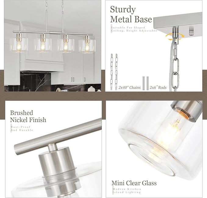 4-Light Brushed Nickel Kitchen Island Lighting, Modern Linear Dining Room Chandelier Light Fixtures with Clear Glass and Chain, Mid Century Hanging Lights for Kitchen Island, OS-YQ8153-4ISBNC
