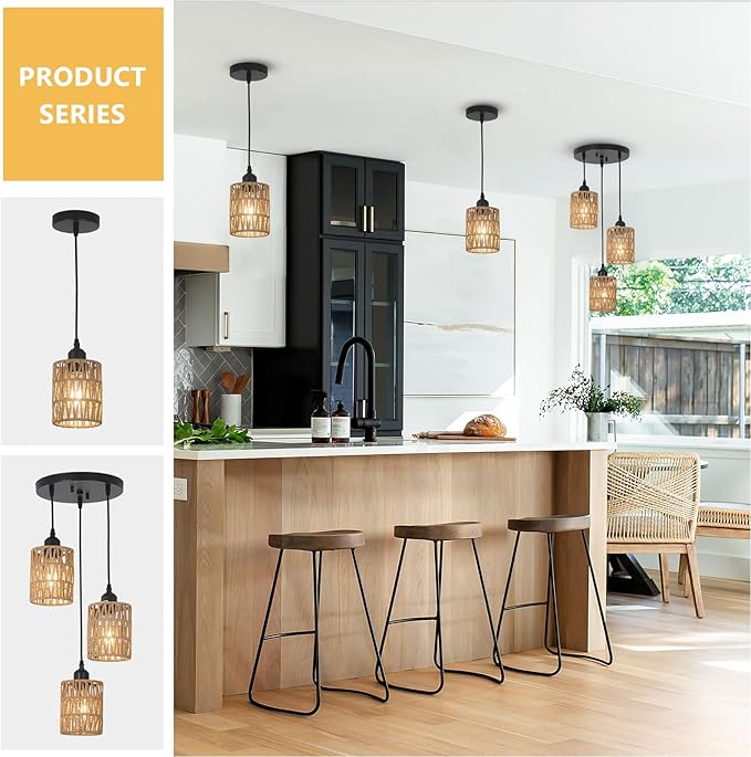 LAMSU 3 Pack Rattan Pendant Lights Kitchen Island, Farmhouse Pendant Lighting with Hand Woven Wicker Shade, Boho Chandelier Light Fixtures Ceiling Hanging for Dining Room Bedroom Foyer Hallway