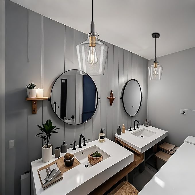 Modern Seeded Glass Pendant Lighting for Kitchen Island 1 Pack, Farmhouse Black and Gold Pendant Light Fixtures, Height Adjustable Ceiling Pendant Light, Angled Seeded Glass Shades 8 Inch