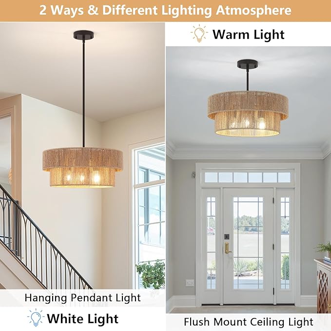 ZGKUYDBrown Boho Woven Rattan Chandelier, Adjustable Black Rod 2-Tier Drum Hanging Light, Brown Pendant Light for Dining Room/Kitchen Island
