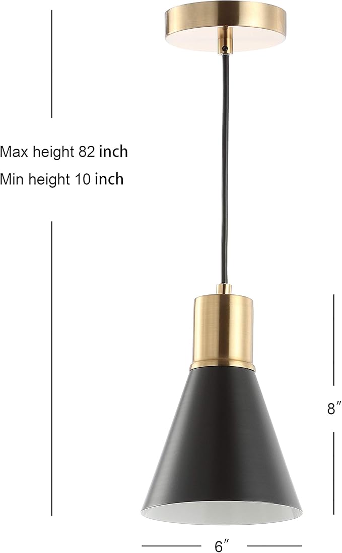 JONATHAN Y 6" Black/Brass Gold 1-Light Apollo Mid-Century Modern Iron LED Pendant, Black Metal Shade, Adjustable Hanging Ceiling Light for Kitchen Island, Hallway, LED Bulb Included JYL6131A