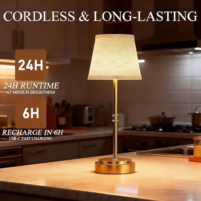 Rechargeable Cordless Table Lamp Gold - 1 Pack Brass 7500mAh Battery Operated Lamp, Small Antique Brass Aesthetic Desk Lamp for Kitchen Counter, Bathroom Vanity & Dining Room