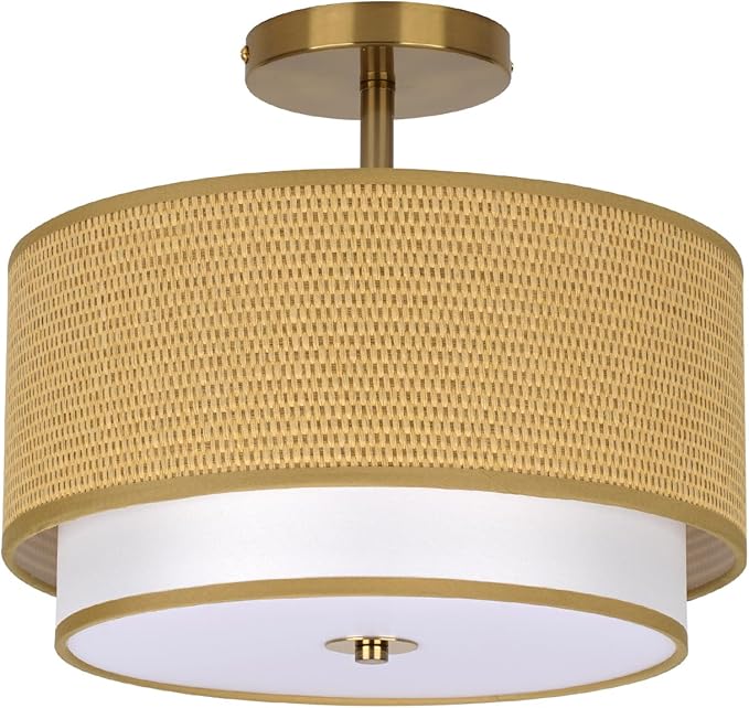 Boho Light Fixtures Woven Rattan-Style Flush Mount Ceiling Light, 12.6inch Closed to Ceiling Light Fixture with 2-Tier Drum Design for Bedrooms, Kitchen, Dining Room, Hallway