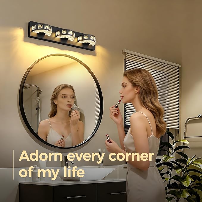 Modern Bathroom Vanity Lights 21.6inch 24W 5 Color Temperature Black Vanity Light (3-Light,Dimmable) Crystal Bathroom Light Fixtures for Bathroom Mirror Restroom