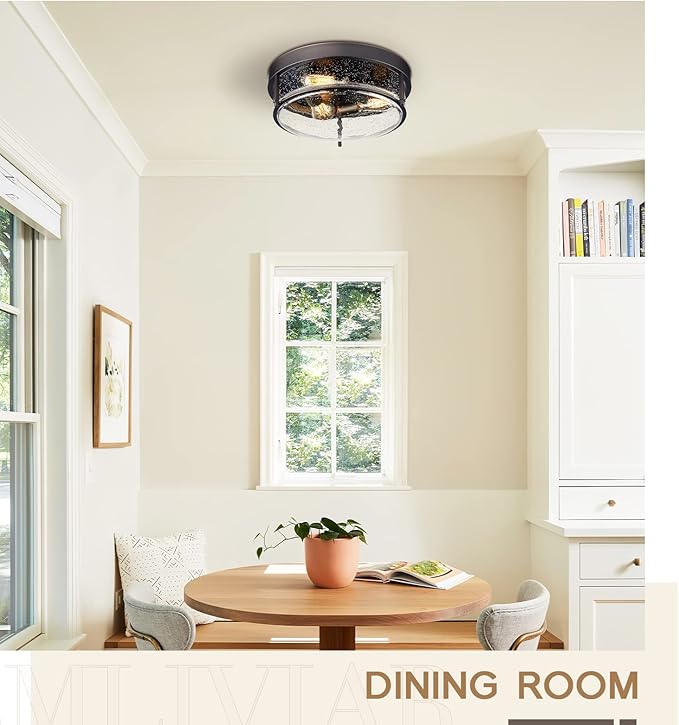 Emliviar 15 Inch Farmhouse Flush Mount Ceiling Light Fixture, Outdoor 3-Light Ceiling Lamp for Porch Kitchen Living Room, Seeded Glass Oil Rubbed Bronze Finish, GE263MF ORB