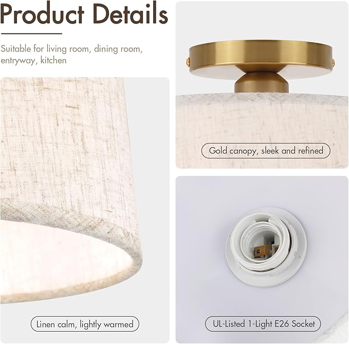 2P Modern Ceiling Light Fixture, 10 Inch Semi Flush Mount Lamp with Linen Shade, E26 Base, Gold for Kitchen Bedroom Hallway Closet Entryway Room Small Spaces, 2 Pack